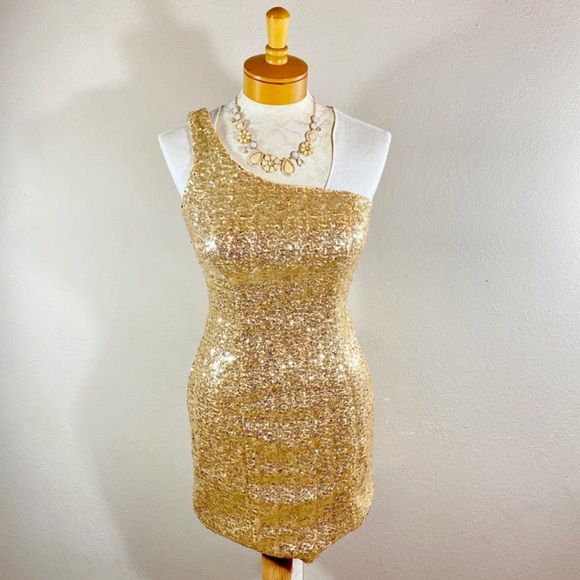 Milano Formals One Shoulder Gold Sequin Mini Dress - Picture 1 of 8